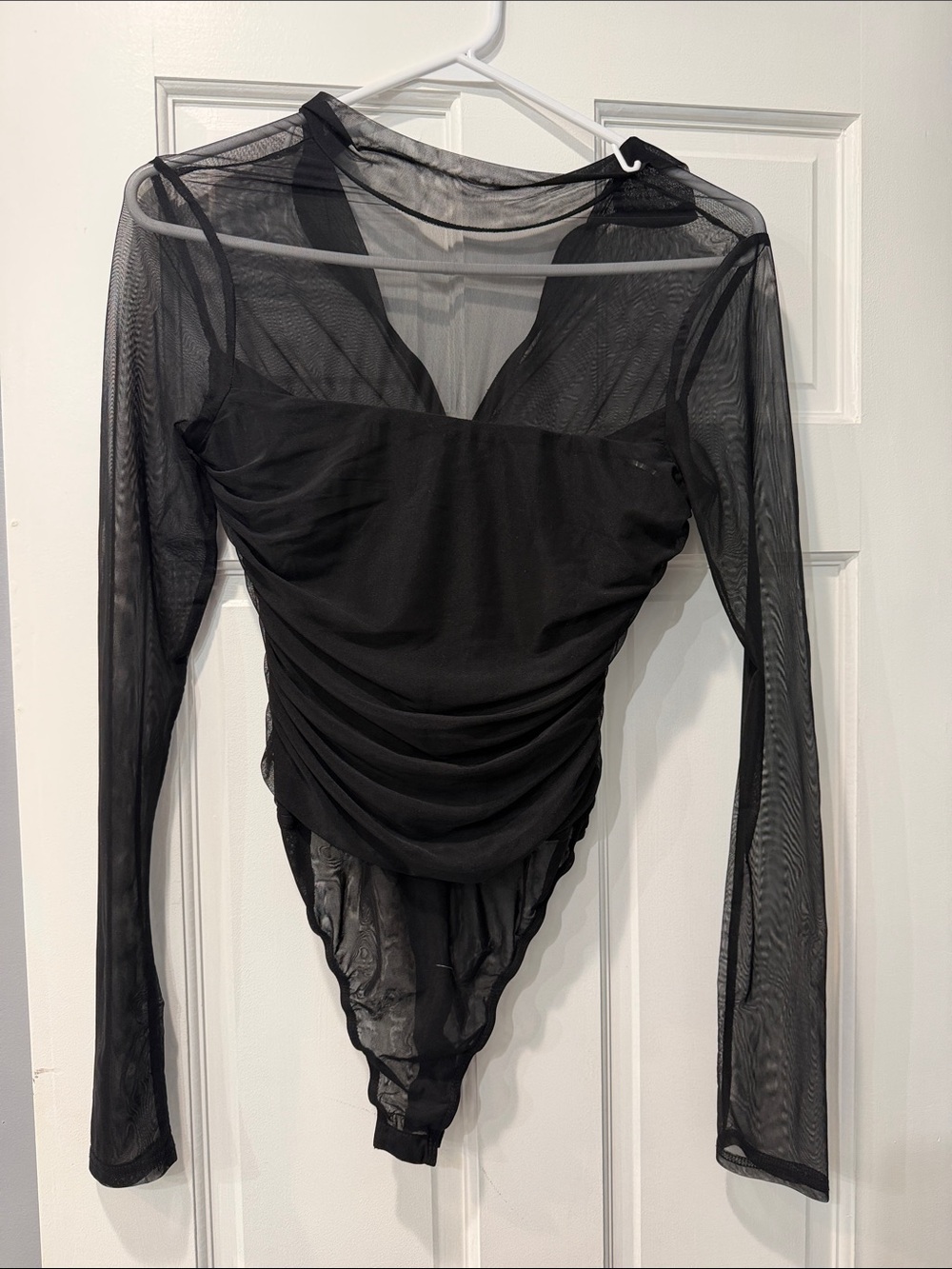 Lulu's Black Sheer Long-Sleeve Ruched Bodysuit